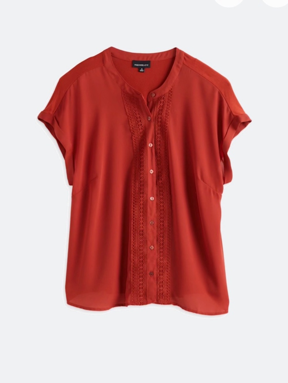 Fortune + Ivy Belinda Plus-Size Crochet-Trim Button Front Blouse in Rust - Picture 11 of 12
